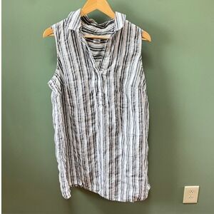 Sigrid Olsen Womens 1X Linen Striped Sleeveless Dress V-Neck 1/4 Button Front